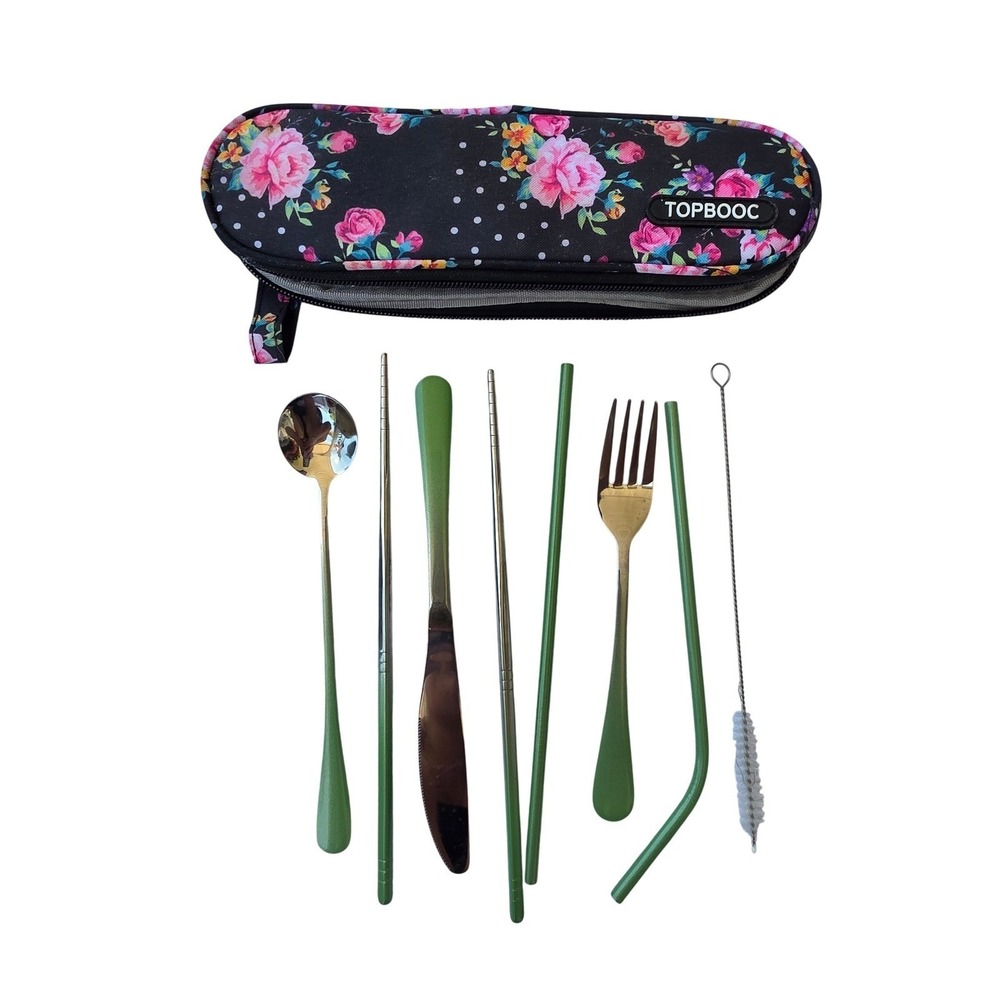 TOPBOOC Portable Travel Cutlery Set Stainless Steel Green 8 Piece Floral Case K3
